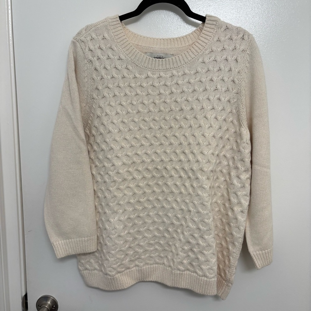 LOFT Women’s Cream Textured Knit Sweater Pullover Long Sleeve Cozy Classic XL